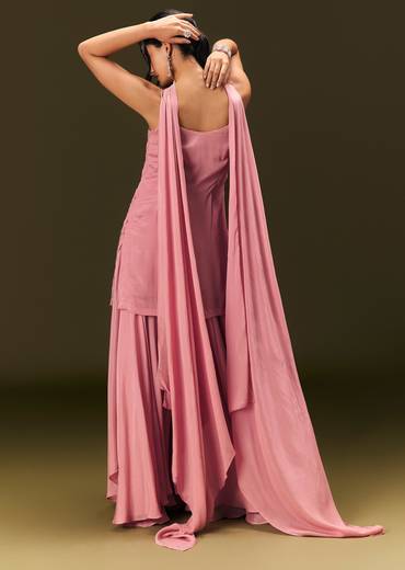 Pink Embroidered Chinon Kurti With Flared Pant And Choker Dupatta