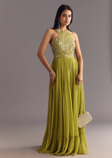 Citrus Green Georgette Jumpsuit With Embroidered Belt