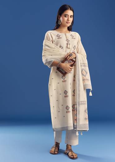 Ivory Mul Cotton Kurta Set With Thread Weaving And Dupatta