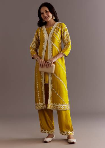 Yellow Silk Moti Sequin Embroidered Jacket Suit