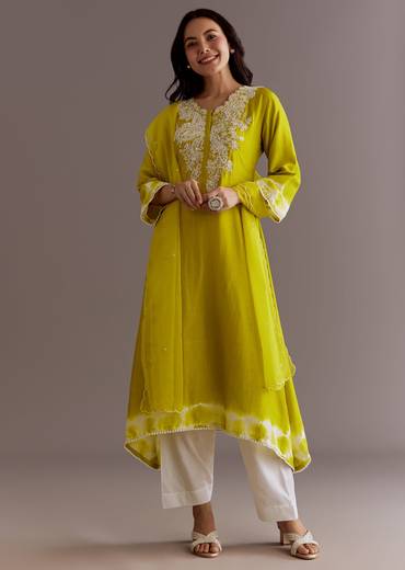 Lime Green Silk Kurta Dupatta Set With Moti Work