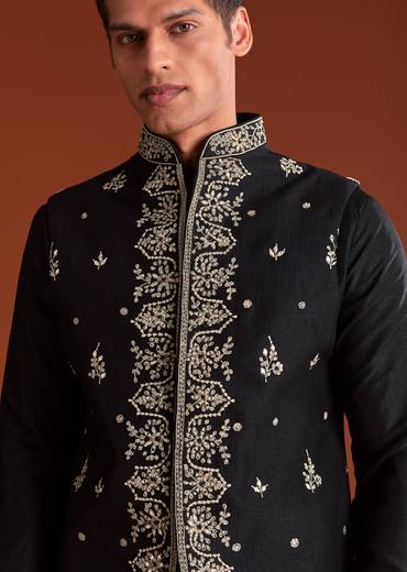 Black Silk Kurta Jacket Set With Thread Work