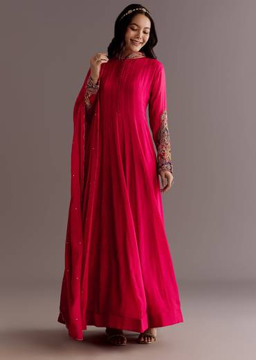 Red Chinon Zardosi Anarkali Suit With Cutdana Dupatta