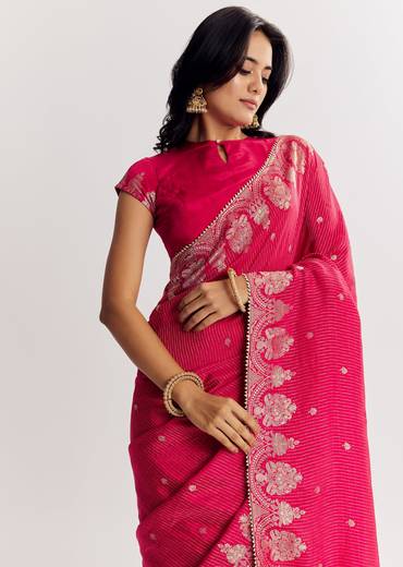 Pink Georgette Lurex Saree With Brocade Butti And Gota Patti Border