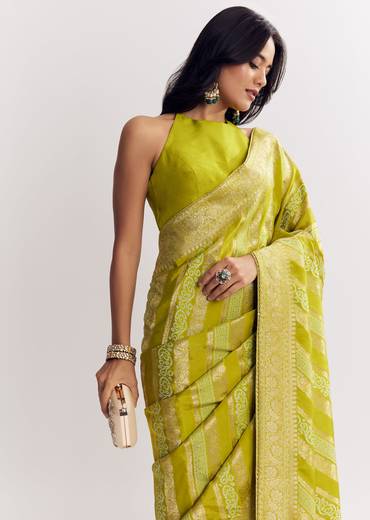 Green Satin Saree With Zari Vine Design