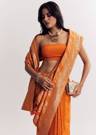 Orange Satin Saree With Zari Vine Design