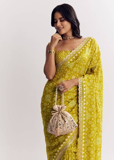 Mehendi Green Muslin Ajrakh Printed Saree With Gota And Mirror Work