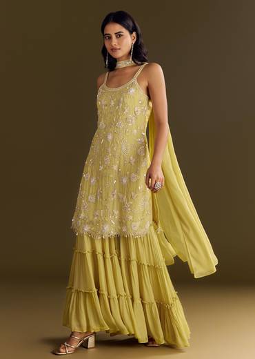 Light Yellow Chinon Embroidered Kurta Sharara With Choker Style Dupatta