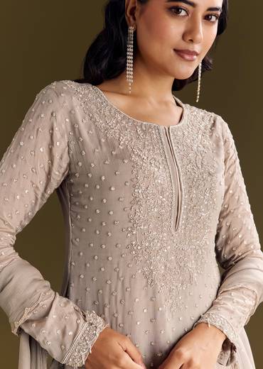 Light Brown Kurta Set With Sequins Palazzo And Dupatta