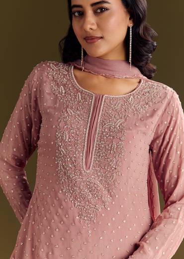 Pink Kurta Set With Embroidered Palazzo And Sequins Dupatta