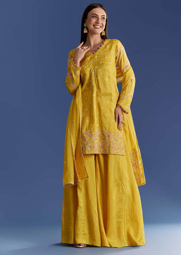 Ivory Silk Kurta Set With appliqua Organza Dupatta