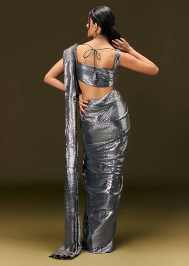 Metallic Grey Pre Stitched Sequin Saree With Cowl Neckline Blouse