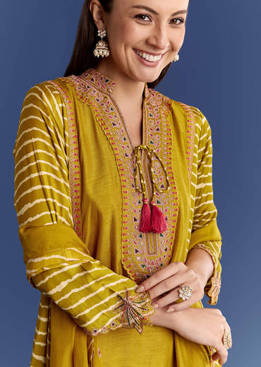 Yellow Leheriya Kurta Set With Zari And Butti Dupatta