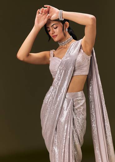 Silver Sequin Stone Embroidered Readymade Saree With Ruched Blouse
