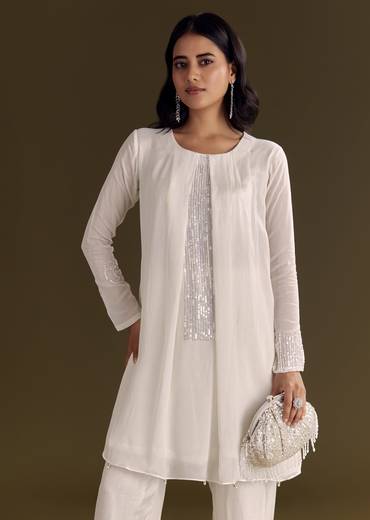 White Chinon Kurta Pant Set With Sequins Work