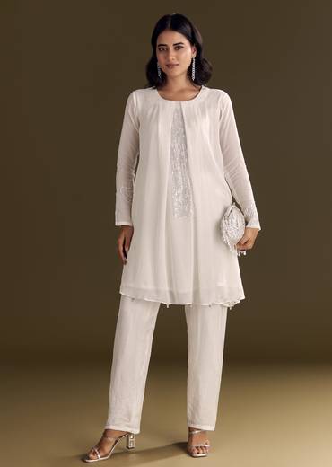 White Chinon Kurta Pant Set With Sequins Work