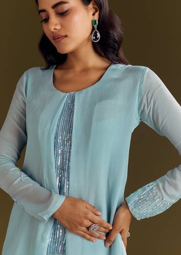 Sky Blue Chinon Kurta Pant Set With Sequins Embroidery
