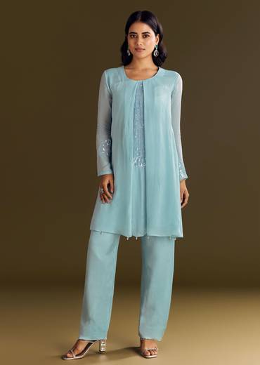 Sky Blue Chinon Kurta Pant Set With Sequins Embroidery