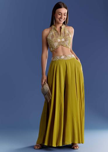 Green Crepe Palazzo Set With Moti And Zardosi Croptop