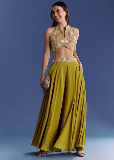 Green Crepe Palazzo Set With Moti And Zardosi Croptop