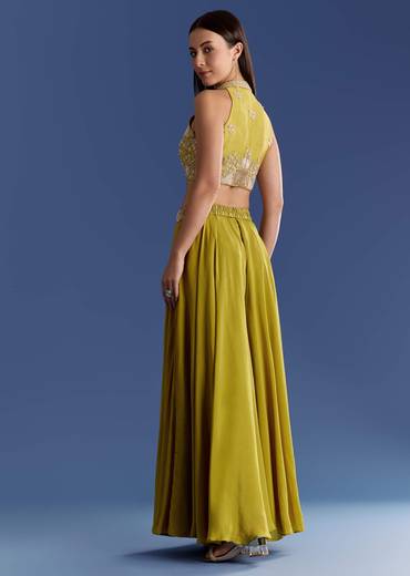 Green Crepe Palazzo Set With Moti And Zardosi Croptop