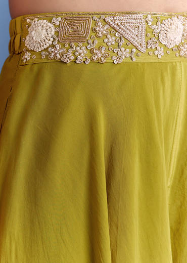 Green Crepe Palazzo Set With Moti And Zardosi Croptop