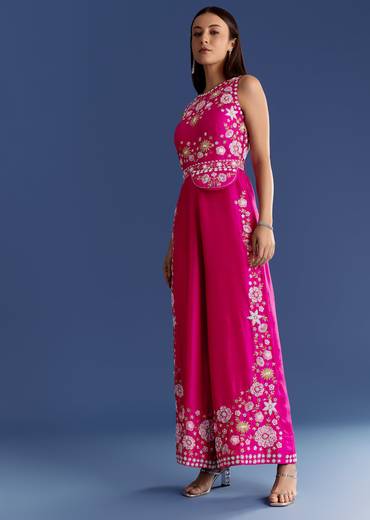 Pink Thread And Moti Work Jumpsuit With Waist Belt