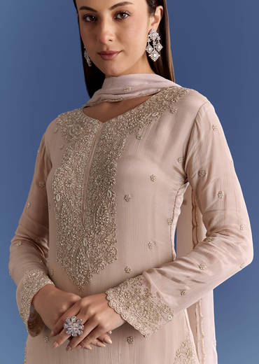 Light Grey Chinon Kurta Set With Moti And Cutdana Work