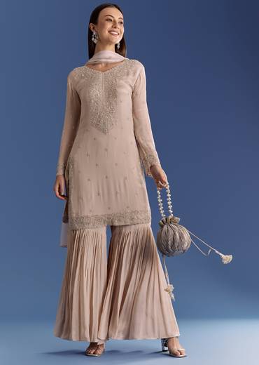 Light Grey Chinon Kurta Set With Moti And Cutdana Work