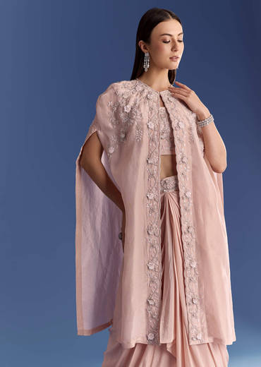 Light Peach Tissue Cape Set With Embroidered Croptop And Skirt