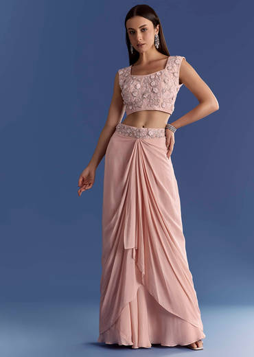 Light Peach Tissue Cape Set With Embroidered Croptop And Skirt
