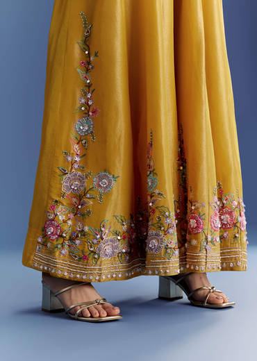 Yellow Tissue Jumpsuit With Moti And Cutdana Belt