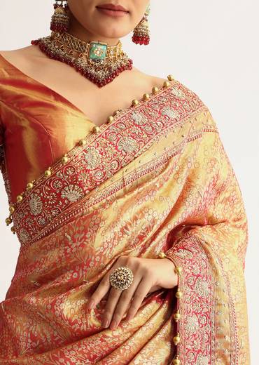 Rust Orange Tissue Saree With Heavily Embroidered Border And Pallu