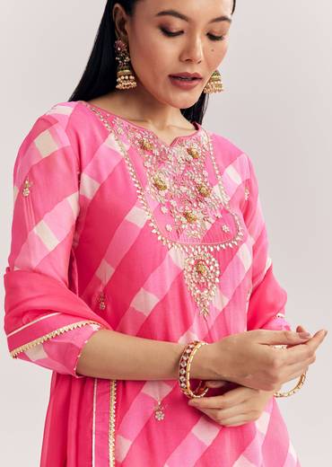 Pink Chinon Palazzo Suit With Zardosi And Thread Work