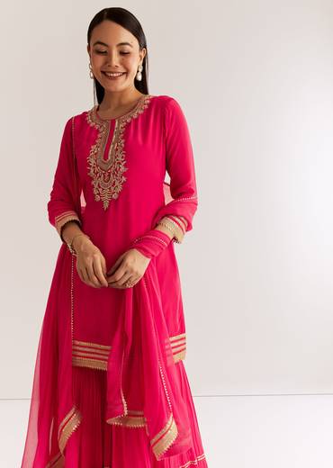 Pink Crepe Kurta Set With Zardosi And Sequins Dupatta