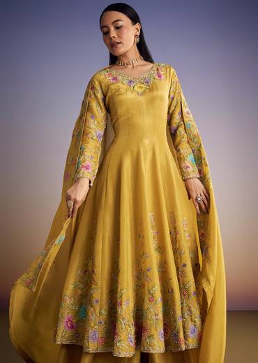 Yellow Tissue Anarkali Set With Resham And Moti Work