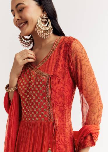 Orange Floral Chiffon Anarkali Kurta Set With Dupatta