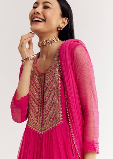 Pink Printed Chiffon Sequin Kurta Set With Dupatta