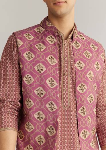 Mauve Modal Chanderi Cutdana Sequins Kurta Jacket Set