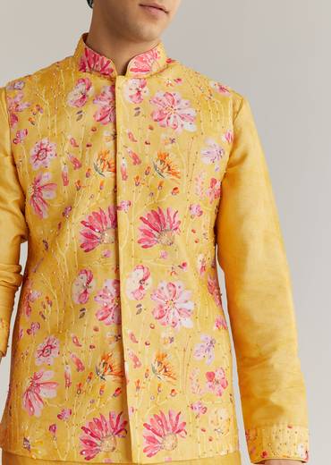 Yellow Silk Stone Sequins Cutdana Kurta Jacket Set