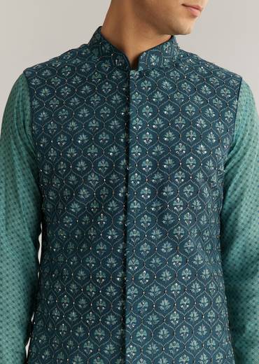 Teal Blue Silk Cutdana Sequins Kurta Jacket Set