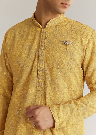 Yellow Tissue Resham Embroidered Kurta Set With Cutdana Beads