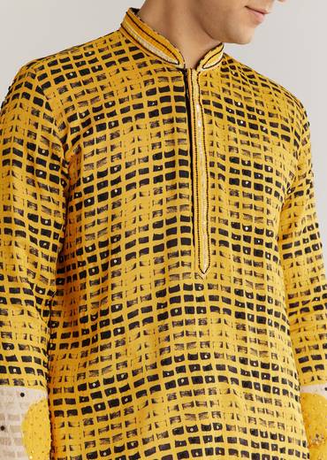 Yellow And Black Silk Resham Printed Kurta Set