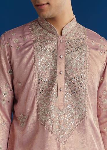 Onion Pink Tissue Kurta Set With Embroidered Yoke
