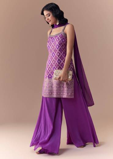 Purple Jacquard Woven Kurta Palazzo Set