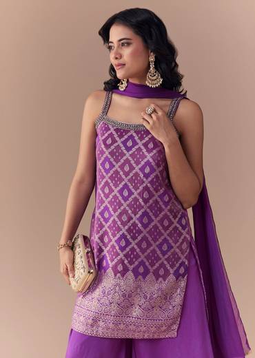 Purple Jacquard Woven Kurta Palazzo Set