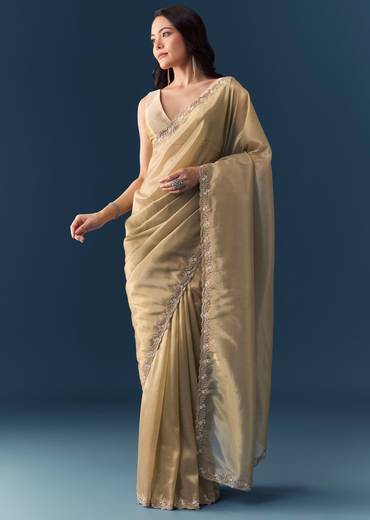 Beige Tissue Embellished Saree with Unstitched Blouse