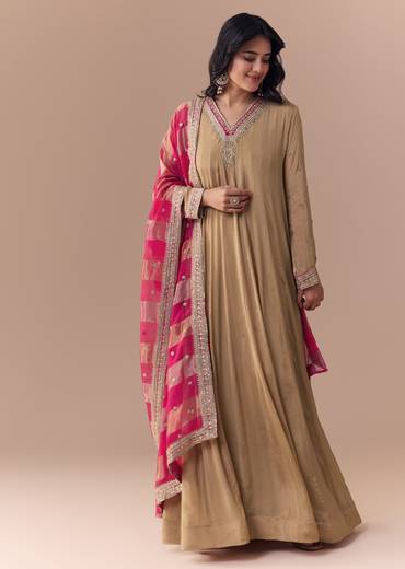 Gold Zardozi Embellished Chinon Anarkali with Dupatta