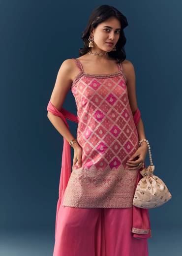 Pink Jacquard Weave Kurta Palazzo Set