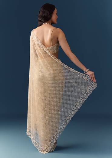 Gold Net Jaal Bead Work Saree with Unstitched Blouse